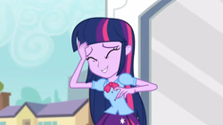 Size: 3410x1920 | Tagged: safe, derpibooru import, screencap, twilight sparkle, equestria girls, friendship games, clothes, cutie mark on clothes, eyes closed, female, high res, smiling, solo, statue