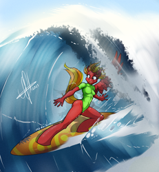 Size: 920x994 | Tagged: safe, artist:zcomic, derpibooru import, oc, oc only, anthro, pegasus, unguligrade anthro, beach, breasts, clothes, digital art, female, ocean, one-piece swimsuit, solo, spread wings, surfboard, surfing, swimsuit, tail, thighs, water, wave, wings