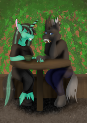 Size: 3023x4299 | Tagged: safe, derpibooru import, oc, alicorn, anthro, changeling, blushing, cup, love, table