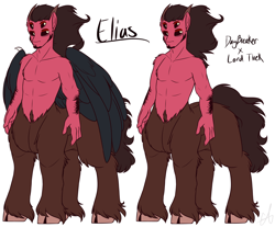 Size: 2300x1900 | Tagged: safe, artist:purplegrim40, derpibooru import, oc, oc only, oc:elias, centaur, taur, cloven hooves, duo, interspecies offspring, male, multiple eyes, offspring, parent:daybreaker, parent:tirek, simple background, white background, wings