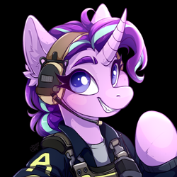 Size: 3000x3000 | Tagged: safe, artist:rico_chan, derpibooru import, starlight glimmer, unicorn, black background, bust, clothes, cosplay, costume, counter-strike: global offensive, crossover, ear fluff, ears, portrait, simple background, sketch, smiling, solo