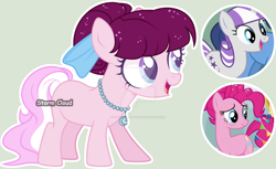 Size: 1024x625 | Tagged: safe, artist:stormcloud-yt, derpibooru import, pinkie pie, twilight velvet, oc, earth pony, pony, unicorn, crack ship offspring, deviantart watermark, eyelashes, female, filly, foal, magical lesbian spawn, mare, obtrusive watermark, offspring, parent:pinkie pie, parent:twilight velvet, screencap reference, simple background, smiling, watermark