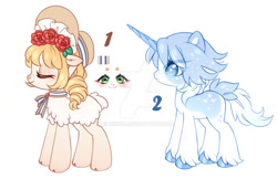 Size: 1024x663 | Tagged: safe, artist:miioko, derpibooru import, oc, oc only, pony, unicorn, deviantart watermark, duo, eyes closed, hat, horn, obtrusive watermark, simple background, sun hat, unicorn oc, unshorn fetlocks, watermark, white background