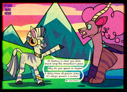 Size: 1462x1052 | Tagged: safe, artist:spudsmcfrenzy, derpibooru import, zecora, oc, oc:bamboozle, draconequus, zebra, dialogue, duo, female, interspecies offspring, male, mare, next generation, offspring, parent:discord, parent:pinkie pie, parents:discopie, speech bubble