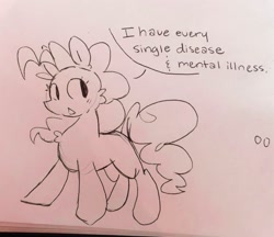 Size: 2048x1768 | Tagged: safe, artist:swirlseypop, derpibooru import, pinkie pie, earth pony, pony, chest fluff, dialogue, sketch, smiling, solo, traditional art