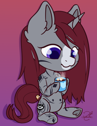 Size: 1905x2465 | Tagged: safe, artist:lechu-zaz, derpibooru import, oc, oc only, oc:selune darkeye, pony, unicorn, beautiful, body markings, chibi, chocolate, coat markings, cup, cute, cutie mark, facial markings, female, food, gradient background, happy, heart, high res, horn, hot chocolate, ocbetes, raffle prize, redhead, signature, sitting, smiling, snip (coat marking), solo, sugarcube, tail, tail wrap, unicorn oc