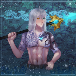 Size: 2000x2000 | Tagged: safe, artist:keiq79, derpibooru import, oc, oc only, oc:king ao, changeling, dragon, human, abs, abstract background, belt, chinese dragon, clothes, cloud, half naked, heterochromia, humanized, looking at you, male, muscles, nudity, partial nudity, samurai, solo, spear, tattoo, topless, trousers, warrior, wave, weapon, yakuza