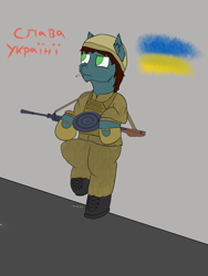 Size: 3000x4000 | Tagged: safe, artist:donnik, derpibooru import, oc, oc only, earth pony, pony, bipedal, bipedal leaning, clothes, dp-27, gun, leaning, smoking, solo, ukraine, weapon