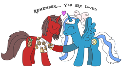 Size: 3179x1820 | Tagged: safe, artist:supahdonarudo, derpibooru import, oc, oc only, oc:fleurbelle, oc:ironyoshi, alicorn, unicorn, bow, clothes, cute, eyes closed, heart, holding hooves, ocbetes, raised hoof, raised leg, shipping, shirt, simple background, text, transparent background