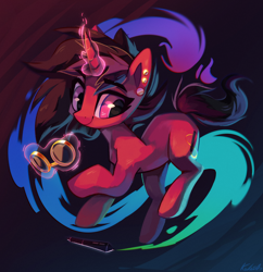 Size: 2390x2470 | Tagged: safe, artist:kaleido-art, artist:paintedkaleido, derpibooru import, oc, oc only, oc:rubellite, pony, unicorn, abstract background, commission, ear piercing, earring, female, goggles, high res, jewelry, mare, piercing, smiling, solo