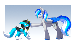 Size: 1240x700 | Tagged: safe, artist:scarlet-spectrum, derpibooru import, oc, oc only, oc:hawker hurricane, oc:thundy, hybrid, pegasus, pony, boop, commission, male, size difference, smol, stallion, watermark