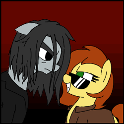 Size: 300x300 | Tagged: safe, artist:legendoflink, derpibooru import, oc, oc only, oc:not important, oc:postal mare, angry, clothes, female, gradient background, hatred, hatred (game), looking at each other, looking at someone, mare, postal, postal 2, postal dude, sunglasses, trenchcoat