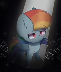 Size: 1900x2250 | Tagged: safe, artist:miryelis, derpibooru import, rainbow dash, pegasus, pony, darkness, eye, eyes, female, light, looking up, multicolored hair, perspective, rainbow hair, solo, wings