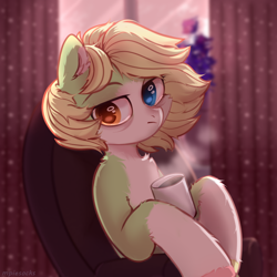 Size: 1500x1500 | Tagged: safe, artist:raily, derpibooru import, earth pony, pony, bust, food, tea, tired