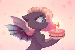 Size: 3000x2000 | Tagged: safe, artist:raily, derpibooru import, bat pony, pony, bust, cake, candle, food, solo