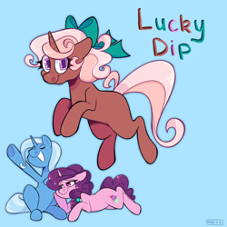 Size: 640x640 | Tagged: safe, artist:eggmilky, derpibooru import, sugar belle, trixie, oc, oc:lucky dip, magical lesbian spawn, offspring, parent:sugar belle, parent:trixie