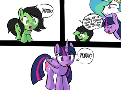 Size: 2732x2048 | Tagged: safe, artist:yidwags, derpibooru exclusive, derpibooru import, princess celestia, twilight sparkle, twilight sparkle (alicorn), oc, oc:anon filly, alicorn, earth pony, pony, amused, comic, dialogue, eye clipping through hair, female, filly, foal, grumpy, mare, momlestia, mommy, open mouth, simple background, smiling, speech bubble, white background