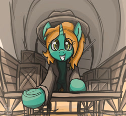 Size: 2226x2047 | Tagged: safe, artist:somber, derpibooru import, oc, oc only, oc:dust runner, clothes, duster, female, grin, hat, looking at you, mare, offscreen character, pov, smiling, solo, wagon