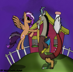 Size: 2506x2500 | Tagged: safe, artist:nguyendeliriam, derpibooru import, discord, oc, draconequus, pony, canon x oc, discord's house, fence, high five, house, looking at each other, looking at someone, shadow, wings