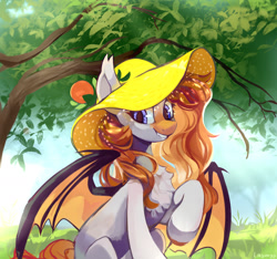 Size: 1280x1197 | Tagged: safe, artist:laymy, derpibooru import, oc, oc only, bat pony, pony, chest fluff, grass, hat, solo, sun hat, tree