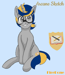 Size: 3960x4512 | Tagged: safe, artist:firepone, derpibooru import, oc, oc only, oc:arcane sketch, pony, unicorn, blue background, cute, glasses, male, reference, simple background, sitting, smiling, solo, stallion