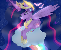 Size: 2000x1650 | Tagged: safe, derpibooru import, princess twilight 2.0, twilight sparkle, twilight sparkle (alicorn), alicorn, butterfly, pony, the last problem, applejack's hat, bow, clothes, cloud, cowboy hat, crown, cupcake, cutie mark, food, glowing, glowing cutie mark, glowing horn, hair bow, hat, hoof shoes, horn, implied applejack, implied fluttershy, implied pinkie pie, implied rainbow dash, implied rarity, jewelry, magic, magic aura, older, older twilight, on a cloud, peytral, rainbow, regalia, solo, stars, telekinesis, wings