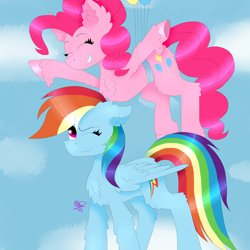 Size: 4000x4000 | Tagged: safe, derpibooru import, pinkie pie, rainbow dash, earth pony, pegasus, pony, balloon, chest fluff, cloud, duo, eyes closed, female, lesbian, pinkiedash, shipping, sky background, wings