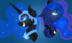 Size: 2500x1500 | Tagged: safe, artist:kapai882, artist:kathe, derpibooru import, nightmare moon, princess luna, alicorn, pony, blue eyes, bust, duality, ears, floppy ears, sharp teeth, sparkles, teeth, wings