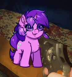 Size: 3438x3686 | Tagged: safe, artist:witchtaunter, derpibooru import, amethyst star, sparkler, pony, unicorn, april fools, april fools joke, chest fluff, ear fluff, ears, female, gun, hand, irl, offscreen character, photo, ponies in real life, recolor, shoulder fluff, solo, weapon