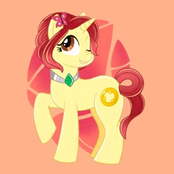 Size: 2000x2000 | Tagged: safe, artist:mediocremare, derpibooru import, oc, oc only, butterfly, pony, unicorn, abstract background, female, jewelry, mare, one eye closed, smiling, solo, wink