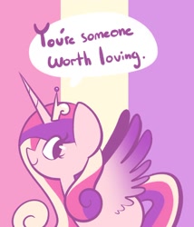 Size: 1280x1493 | Tagged: safe, artist:typhwosion, derpibooru import, princess cadance, alicorn, pony, colored wings, crown, female, horn, jewelry, looking at you, mare, positive ponies, profile, regalia, simple background, smiling, solo, speech bubble, spread wings, tiara, two toned wings, wings