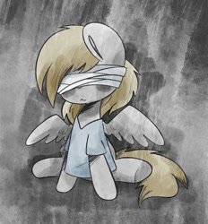 Size: 803x866 | Tagged: safe, artist:typhwosion, derpibooru import, derpy hooves, pegasus, pony, where the apple lies, bandage, clothes, female, hooves, hospital gown, mare, sad, sitting, solo, spread wings, wings