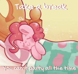 Size: 946x897 | Tagged: safe, artist:typhwosion, derpibooru import, pinkie pie, earth pony, pony, bed, eyes closed, positive ponies, sleeping, smiling, solo, text