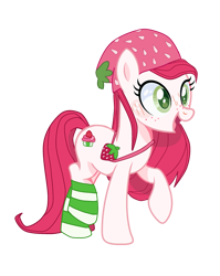 Size: 1947x2447 | Tagged: safe, artist:lavender-bases, artist:vernorexia, derpibooru import, earth pony, pony, g4, bag, bangs, base used, beanie, blushing, clothes, colored pupils, crossover, food, freckles, fruit, green eyes, hat, long hair, long mane, long tail, open mouth, ponified, purse, raised hoof, raised leg, red hair, simple background, socks, solo, strawberry, strawberry shortcake, strawberry shortcake (character), strawberry shortcake berry in the big city, tail, transparent background