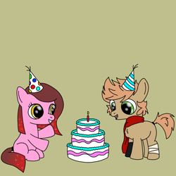 Size: 2500x2500 | Tagged: safe, artist:tenebris, derpibooru import, oc, oc only, oc:cherry bottom, oc:himmel, earth pony, pony, bandage, birthday, birthday cake, cake, clothes, colt, earth pony oc, foal, food, gloves, hat, male, party hat, scarf, simple background
