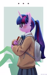 Size: 1283x2048 | Tagged: safe, artist:mrscroup, derpibooru import, twilight sparkle, unicorn twilight, anthro, unicorn, alternate hairstyle, backpack, blushing, book, clothes, female, glasses, pleated skirt, ponytail, profile, round glasses, side view, skirt, solo