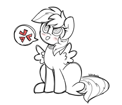 Size: 1461x1258 | Tagged: safe, artist:kittyrosie, derpibooru import, rainbow dash, pegasus, pony, angry, blushing, cross-popping veins, cute, doodle, madorable, monochrome, simple background, solo, speech bubble, white background