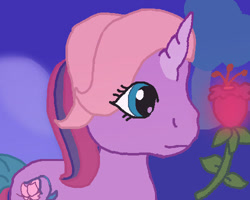 Size: 500x400 | Tagged: safe, artist:m1m1kyu, derpibooru import, lily lightly, pony, unicorn, come back lily lightly, g3, female, flower, horn, mare, night, rose, solo