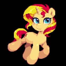 Size: 640x640 | Tagged: safe, artist:hikkage, derpibooru import, sunset shimmer, pony, unicorn, black background, female, looking at you, pixel art, simple background, solo