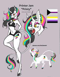 Size: 1998x2560 | Tagged: safe, artist:liechisenshi, derpibooru import, oc, oc only, oc:printer jam, anthro, undead, unguligrade anthro, unicorn, vampire, anthro with ponies, fangs, pride, pride flag, reference sheet