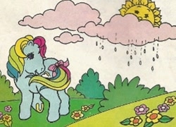 Size: 460x332 | Tagged: safe, derpibooru import, sunlight (g1), earth pony, pony, g1, blue coat, bow, cloud, flower, horseshoes, multicolored hair, official, official comic, outdoors, purple eyes, rain, rainbow hair, raised hoof, raised leg, solo, sun, tail, tail bow