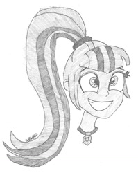 Size: 848x1068 | Tagged: safe, artist:owl-eye-2010, derpibooru import, sonata dusk, equestria girls, 2015, bust, female, gem, grin, monochrome, pencil drawing, signature, siren gem, smiling, solo, traditional art