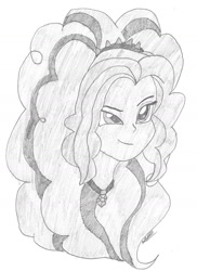 Size: 1198x1645 | Tagged: safe, artist:owl-eye-2010, derpibooru import, adagio dazzle, equestria girls, 2015, bust, female, gem, monochrome, pencil drawing, signature, siren gem, smiling, smirk, solo, traditional art