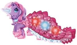 Size: 580x338 | Tagged: safe, derpibooru import, lily lightly, pony, unicorn, g3, blue eyes, clothes, dress, female, formal wear, glowing, glowing horn, gown, horn, jewelry, mare, necklace, official, pink mane, purple coat, purple mane, shoes, simple background, solo, sparkles, transparent background