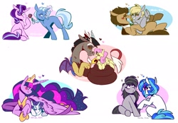 Size: 2048x1423 | Tagged: safe, artist:lrusu, derpibooru import, derpy hooves, discord, dj pon-3, doctor whooves, fluttershy, octavia melody, princess twilight 2.0, rarity, starlight glimmer, trixie, twilight sparkle, twilight sparkle (alicorn), vinyl scratch, alicorn, earth pony, pegasus, pony, unicorn, the last problem, blush sticker, blushing, crown, discoshy, doctorderpy, female, flower, heart, jewelry, laughing, lesbian, lying down, male, older, older twilight, rarilight, regalia, rose, scratchtavia, shipping, simple background, sitting, smiling, startrix, straight, white background, wing blanket, wings