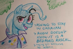 Size: 2048x1376 | Tagged: safe, artist:pony quarantine, derpibooru import, trixie, pony, unicorn, crayon drawing, female, living in a van down by the river, mare, open mouth, open smile, raised eyebrow, smiling, solo, text, traditional art