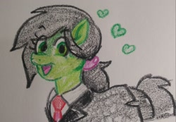 Size: 2048x1421 | Tagged: safe, artist:pony quarantine, derpibooru import, oc, oc:anon-mare, earth pony, pony, clothes, crayon drawing, female, floating heart, heart, looking at you, mare, necktie, open mouth, open smile, smiling, smiling at you, solo, suit, traditional art