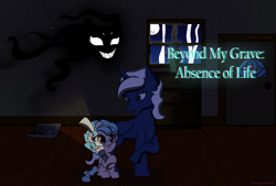 Size: 2233x1506 | Tagged: safe, artist:lullabyjak, derpibooru import, cozy glow, princess luna, alicorn, pegasus, abandoned, broken glass, commission, cover art, female, flashlight (object), grin, shadow, smiling, wavy mouth