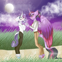 Size: 1280x1280 | Tagged: safe, artist:moodipone, derpibooru import, rarity, twilight sparkle, twilight sparkle (alicorn), alicorn, anthro, alternate hairstyle, bedroom eyes, cloud, cloven hooves, curved horn, female, flustered, folded wings, grass, grin, horn, in love, leonine tail, lesbian, looking at each other, looking at someone, moon, night, outdoors, pocket, rarilight, shipping, smiling, stars, tail, wide eyes, wings
