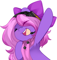 Size: 1000x1046 | Tagged: safe, artist:loyaldis, derpibooru import, oc, oc only, oc:lillybit, adorkable, armpits, bow, commission, cute, dork, excited, gaming headset, headphones, headset, microphone, ribbon, simple background, smiling, solo, transparent background, ych result, your character here